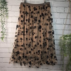 WOMENS MESH MIDI SKIRT FLORAL EMBROIDERY ELASTIC WAIST TUTU TULLE FLOWY LARGE